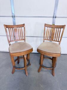 Pair Of Wooden Swivel Bar Stools, Slat Back, Upholstered Seats, Footrest, 29" Seat Height