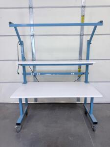 Industrial Workbench With Upper Shelf, Electrical Outlets, And Locking Casters