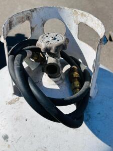 100 lb Steel Propane Tank with Hose, Serial 222408A, POL Valve, Approx 49"x14.5", White
