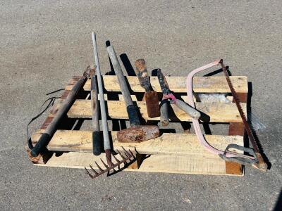 Vintage Lot of 6 Garden Hand Tools: Bow Saw, Rake, Shears, Mattock, Loppers, Digging Bar