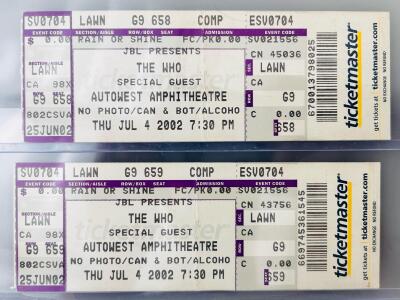 Pair Of The Who Concert Tickets, Autowest Amphitheatre CA, July 4, 2002, Lawn G9, Seats 658 & 659