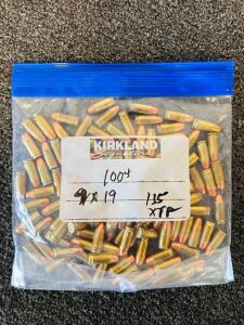 Approximately 100 Rounds 9mm Luger 115gr XTP Reloaded Ammunition, Brass Case, Mixed Headstamp, USA