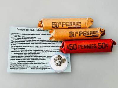 Campo del Cielo Meteorite Fragments, 3 Pieces, Argentina Iron, IAB-MG, 10&ndash;30g with Info Card and (3) Roll Of Vintage Pennies (Various Dates)