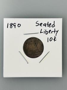 1890 Seated Liberty Dime 90% Silver, Heavy Circulation, Original U.S. Coin