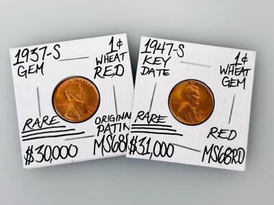 1947-S & 1937-S Lincoln Wheat Cents MS68RD Red Gem, Rare, San Francisco Mint