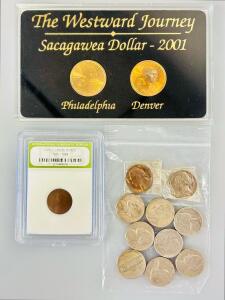 Lincoln Cent (1950s) INB Certified, 2001 Sacagawea P&D Set, 10 Jefferson Nickels