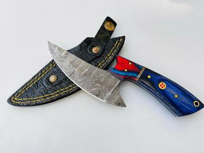 Custom Handmade Damascus Skinning Knife, Dyed Wood Handle, Leather Sheath, Mosaic Pin, 8.5&rdquo;