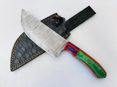 Custom Damascus Steel Chef&rsquo;s Knife, 7" Blade, Dyed Wood Handle, Leather Sheath, Mosaic Pin