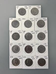Kennedy Half Dollar Lot, 14 Coins, 1971-1991, Bicentennial & Mixed Mints, Circulated US 50c
