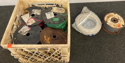 Assorted Electrical Wire Copper and Steel Spools - Multiple Colors Gauges, 8 Spools, Crate Lot