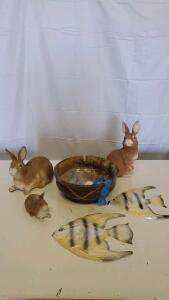 Mixed Lot: Ceramic Rabbit Figurines, Fish Wall Plaques, and Pottery Bowl