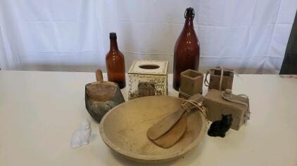Vintage Primitive Kitchenware Lot: Wooden Dough Bowl, Amber Bottles, Butter Molds, Cat Figurines