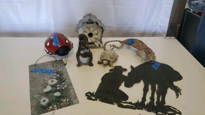 Rustic Garden Yard Art Lot &ndash; Metal Ladybug, Birdhouse, Squirrel, Turtle, Lizard, Cowboy Decor