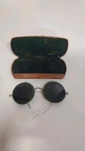 Vintage Round Metal Sunglasses with Original Case, Dark Lenses, Wire Temples