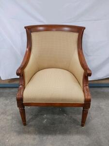 Traditional Upholstered Armchair with Exposed Wood Frame, Beige Fabric, Carved Trim