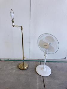 Pelonis 16" Pedestal Oscillating Fan, Brass Swing Arm Floor Lamp, Adjustable, No Shade