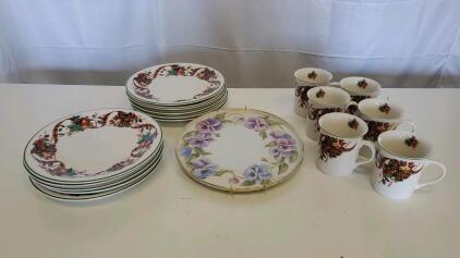 Decorative Dinnerware Set with Fruits & Ribbon Motif, Includes 8 Mugs, 8 Plates, 1 Floral Plate