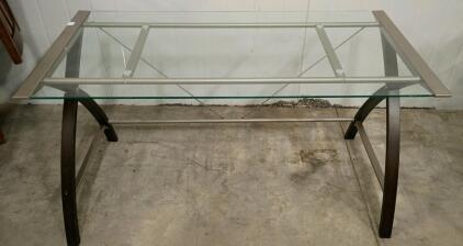 Modern Glass-Top Desk, Metal Frame, Curved Legs, 48" x 24", Structural Leg Damage