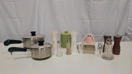 Vintage Kitchenware Collection: Westinghouse Mixer, Steel Pans, Salt & Pepper Shakers, Grinders