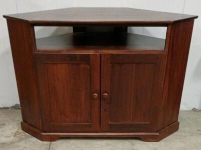 Corner TV Stand with 2 Doors, Dark Brown Finish, Approx. 44" W x 16" D x 32" H