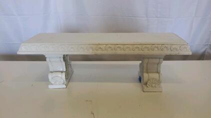 Ornate White Cast Stone Garden Bench, Classic Decorative Scrollwork