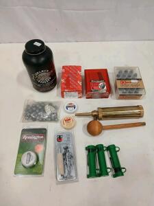 Black Powder Muzzleloader Reloading Lot: Pyrodex, Hornady .50 Cal Bullets, No. 11 Caps, Flask