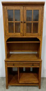 Solid Wood Hutch with Glass Doors, Pullout Shelf, Open Lower Storage, Approx. 72"x36"x18"