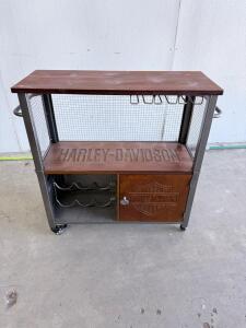 Harley-Davidson Rolling Bar Cart, Wood & Metal, Wine Rack, Glass Holders, Cabinet, 44"x18"x36"