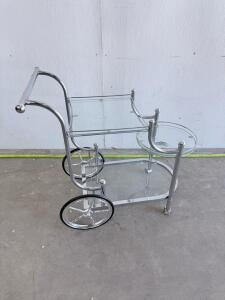 Chrome and Glass Bar Cart with Two Shelves and Bottle Holder