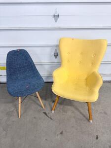 Yellow Mid-Century Accent Lounge Chair & Blue Modern Dining Side Chair Set, Wood Legs, Tufted