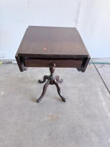 Vintage Wooden Drop-Leaf Side Table with Pedestal Base and Drawer