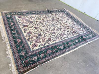 Persian-Style 8x10 Wool Area Rug, Floral Medallion Design, Green Border, Large Visible Stain