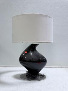 Black Table Lamp with White Fabric Shade, Electrical Outlet, Glass/Ceramic Base