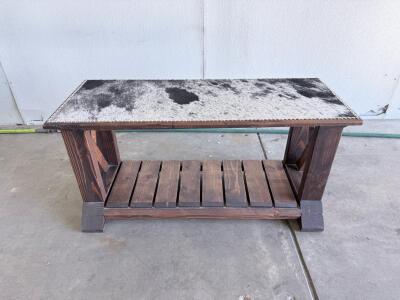 Rustic Wood Bench with Cowhide Upholstery, 48" x 16" x 18", Lower Slatted Shelf