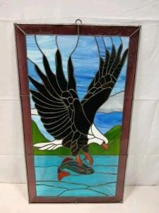 Stained Glass Art Panel 24"x14" Bald Eagle Catching Fish, Hanging Window Decor, Blue/Green Scene(Sp-6)