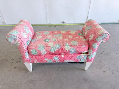 Vintage Floral Upholstered Rolled Arm Bench, Pink, 40"x17"x24", Wood Legs