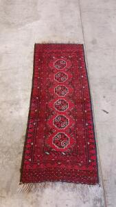 Vintage Hand-Knotted Bokhara Runner Rug, 6'0" x 2'2", Red with Gul Medallions
