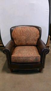 Traditional Armchair with Rolled Arms, Leather and Paisley Fabric Upholstery, Nailhead Trim