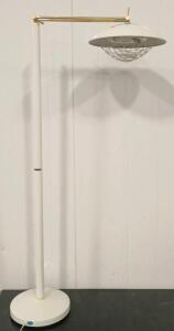 Mid-Century Modern Adjustable Floor Lamp with White and Brass Finish, Light Blue Accent, and Wire Guard 50" Tall