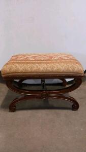 Traditional Upholstered Footstool with Scroll Wooden Legs and Ornamental Cushion Top