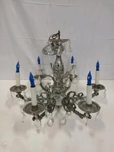 Vintage 6-Arm Silver-Toned Crystal Chandelier with Blue Candle Bulbs<br/><br/>(Sp-16)
