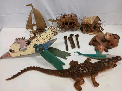 Vintage Handmade Metal Stagecoach & Watermill Sculptures, Folk Art Mixed Media Collection<br/><br/>(Sp-3)