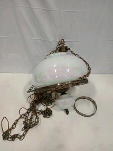 Vintage Hanging Swag Lamp, White Iridescent Glass Globe, Ornate Brass Accents, 16" Diameter<br/><br/>(Sp-3)