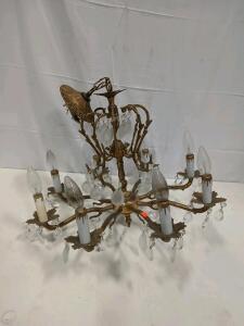 Vintage 8-Arm Brass/Bronze Chandelier with Teardrop Crystal Drops and Ornate Floral Canopy<br/><br/>(Sp-16)