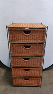 5-Drawer Wicker Basket Storage Unit with Metal Frame, Brown Drawers, Approx. 16"x12"x36"