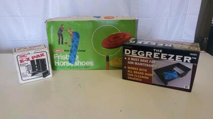 WHAM-O Frisbee Horseshoes, MEC E-Z Pak Shotshell Packer, Hyskore Degreezer Kit, Original Boxes