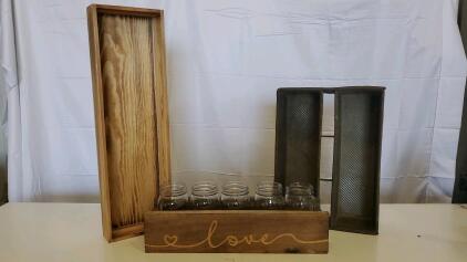 Rustic Wood & Metal Organizer Tray Set with Mason Jar Centerpiece, Divided Storage, "Love" Engraving