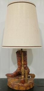Western Cowboy Boot Table Lamp with Revolver, Fabric Shade, 24" Tall, Polyresin Sculpted Base