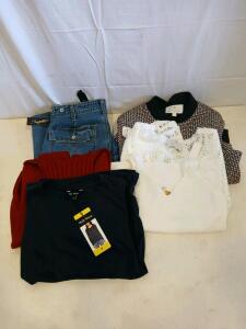 Bundle of Six Women's Clothing Pieces: Designer Tops, Sweater, Jeans, Jacket<br/><br/>(Sp-12)
