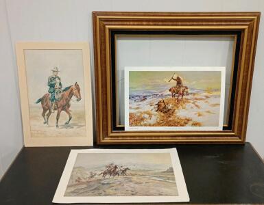 Charles M. Russell Art Prints Set: "Where Tracks Spell Meat," Cowboy, Indian Riders + Ornate Frame